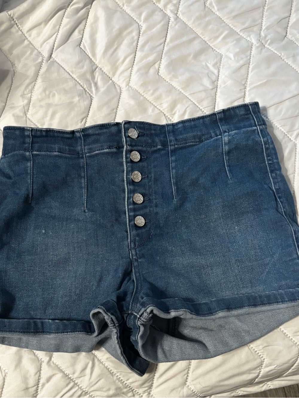 High-Rise Dark Blue Denim Shorts with Buttons